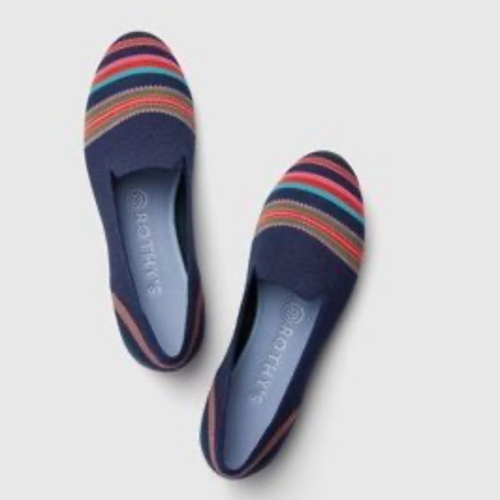 NWOB! Rothys SZ 10, navy ribbon stripes round toe merino flats.